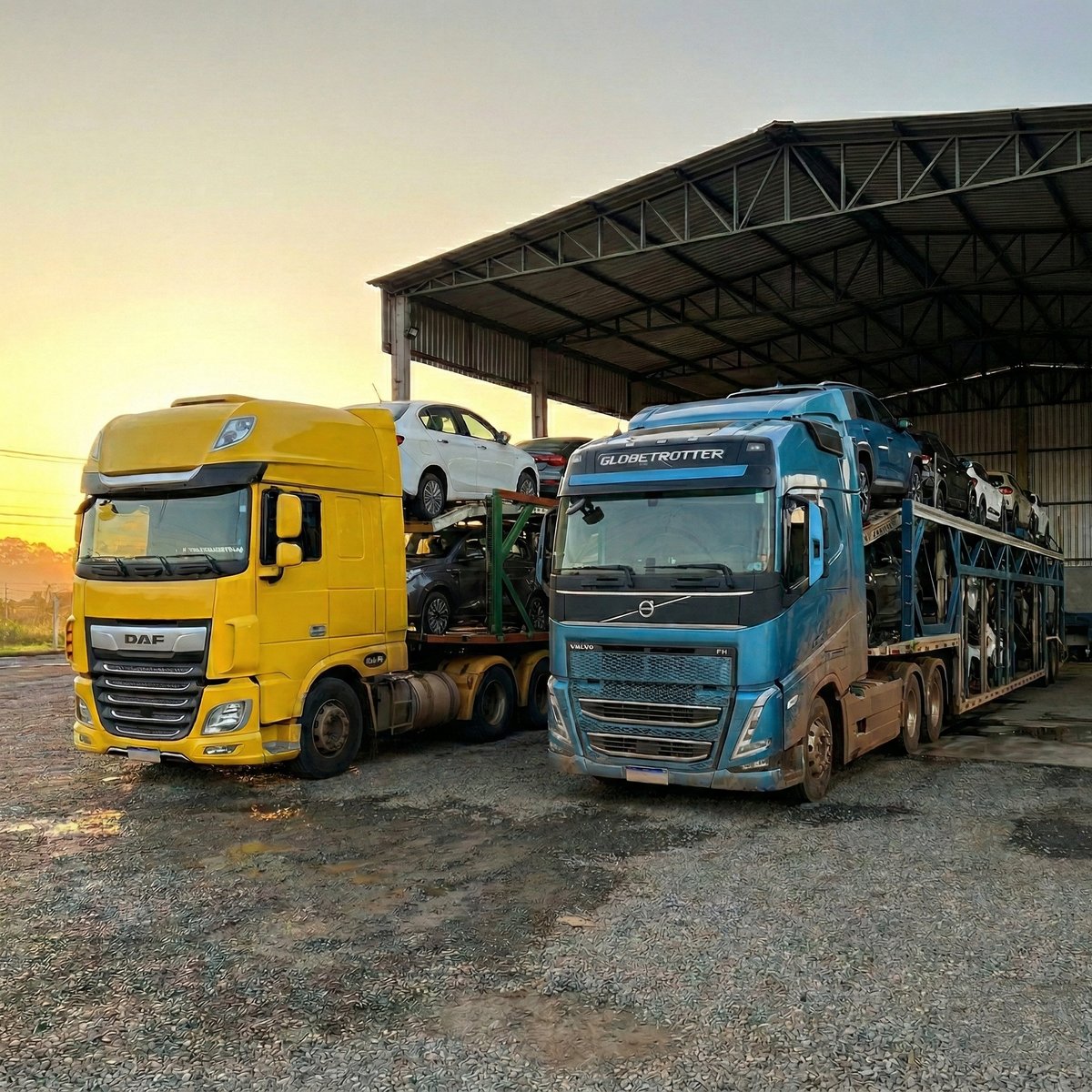 Frota de caminhões cegonha do Grupo Rodoviário JR no pátio